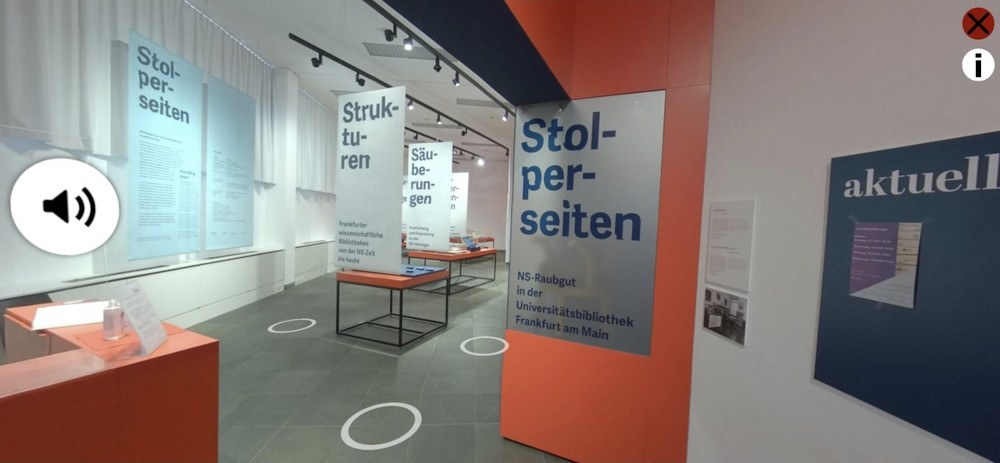 360° Tour durch die Ausstellung „StolperSeiten – NS-Raubgut in der Universitätsbibliothek Frankfurt am Main“