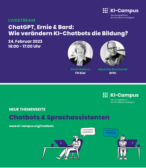 Screenshot mit zwei Bildern zur Ankündigung der Online-Veranstaltung ChatGPT und  Vorstellung der Themenseite Chatbots und Sprachassistenten