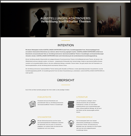 Screenshot der Webseite: Der obere Webseitenrand zeigt ein dunkles Foto von einer schemenhaft zu erkennenden Person, die vor einer Bilderwand (ähnlich wie in einem Museum) steht. Im mittleren Teil steht ein Absatz zu "Intention", im unteren geben vier kleinere Textbausteine Infos zur "Übersicht" der Webseite.