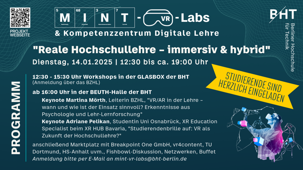 Programm zur Veranstaltung "Reale Hochschullehre - immersiv und hybrid" an der Berliner Hochschule für Technik (BHT) am 14. Januar 2025