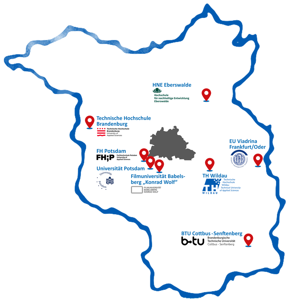 Karten-Darstellung der beteiligten Hochschulen in Brandenburg.